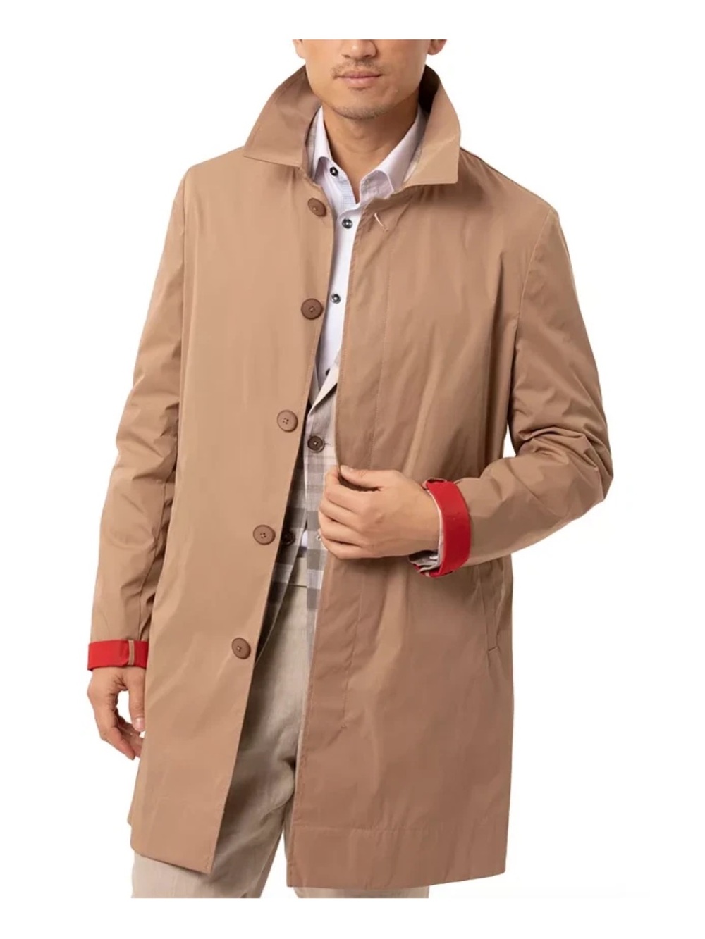 Men's Tallia Classic Tan Trench Coat with Red Cuff Detail